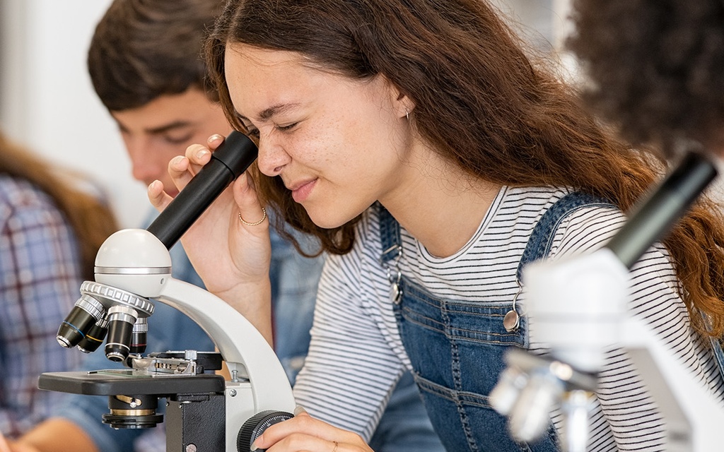 Schülerinnen und Schüler schauen durch Mikroskope.