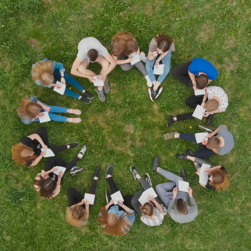 Menschen sitzen im Kreis auf einer Wiese. Die Aufnahme ist aus der Vogelpersepktive aufgenommen.