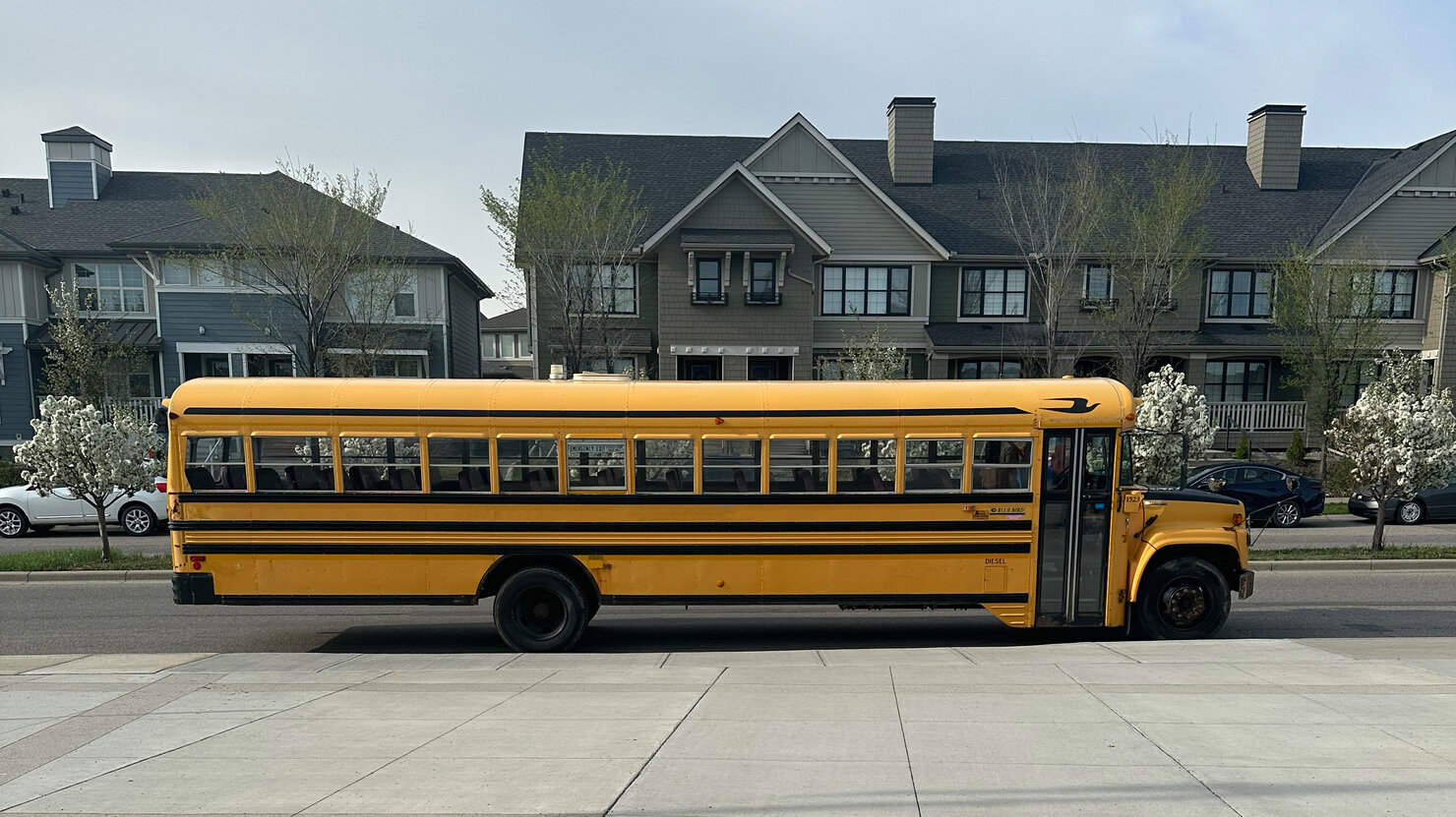 Gelber Schulbus steht auf einer Straße.