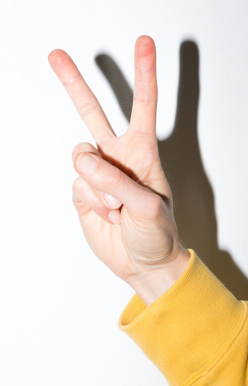 Eine Hand zeigt das Friedenszeichen.