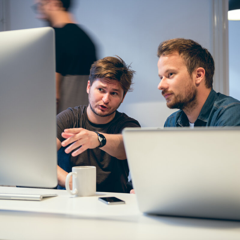 Zwei Erwachsene sitzen hinter einem Computer.