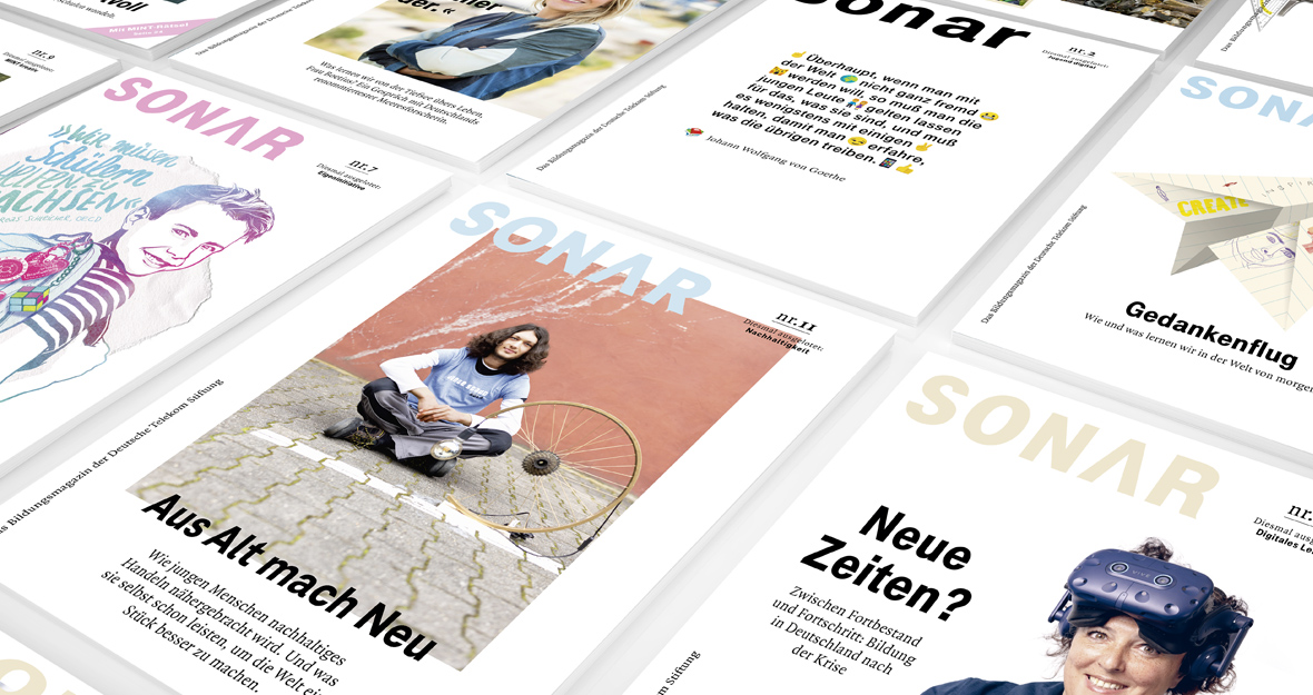 Das Bild zeigt mehrere Titelseiten des Magazins sonar.