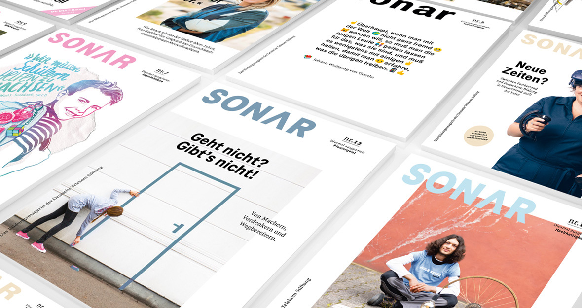 Das Bild zeigt mehrere Titelseiten des Magazins sonar.