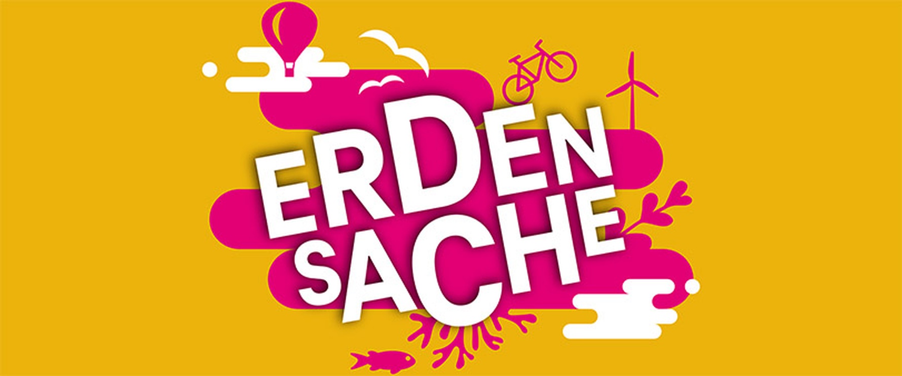 Das Bild zeigt den Erdensache-Schriftzug, umrahmt von thematischen Icons: Fisch, Windrad, Heißluftballon und Fahrrad.