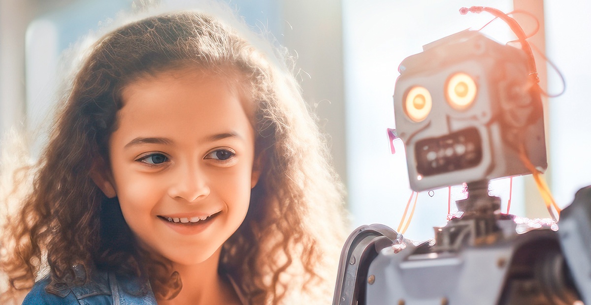 Mädchen im Klassenzimmer agiert mit einem Roboter.