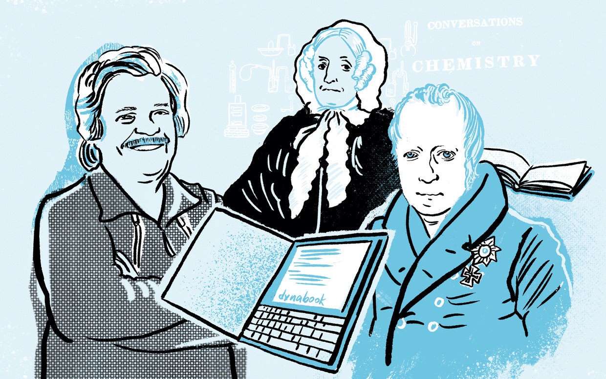Illustration mit den historischen Pionieren Wilhelm von Humboldt, Jane Marcet und Alan Kay