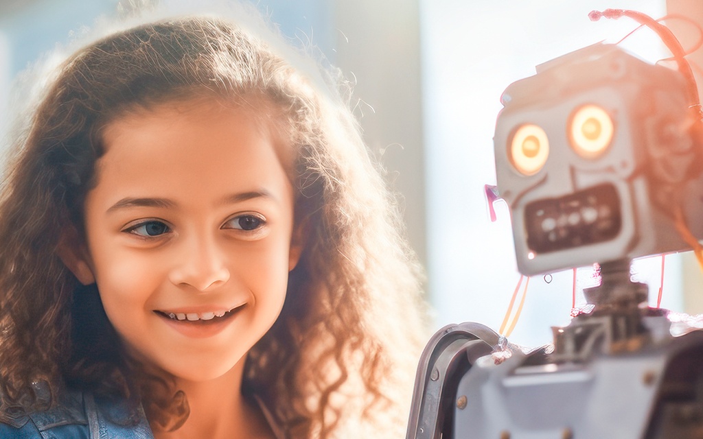 Mädchen im Klassenzimmer agiert mit einem Roboter.