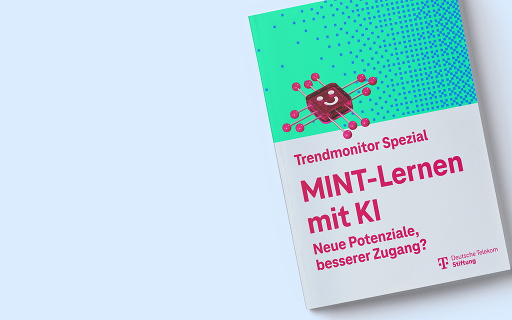 Auf dem Bild ist das Cover der Publikation "Trendmonitor Spezial: MINT-Lernen mit KI" zu sehen.