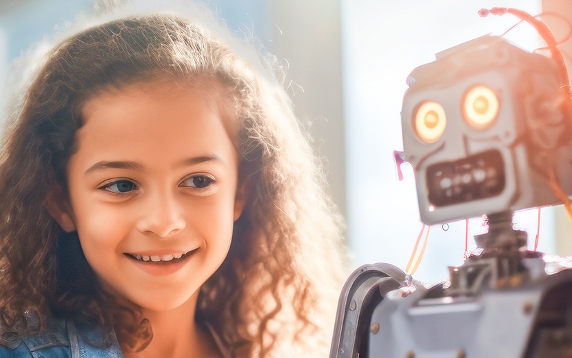 Mädchen im Klassenzimmer agiert mit einem Roboter.