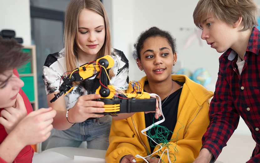 Fünf Jugendliche tüfteln gemeinsam an einem Roboterarm.