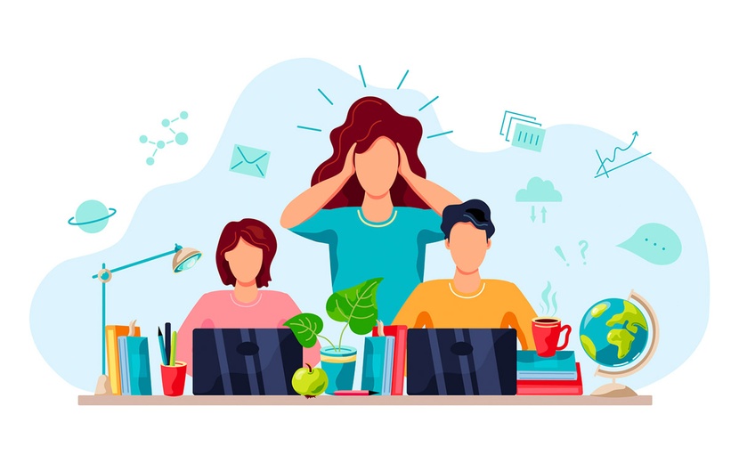 Illustration einer Mutter mit zwei Kindern im Homeschooling