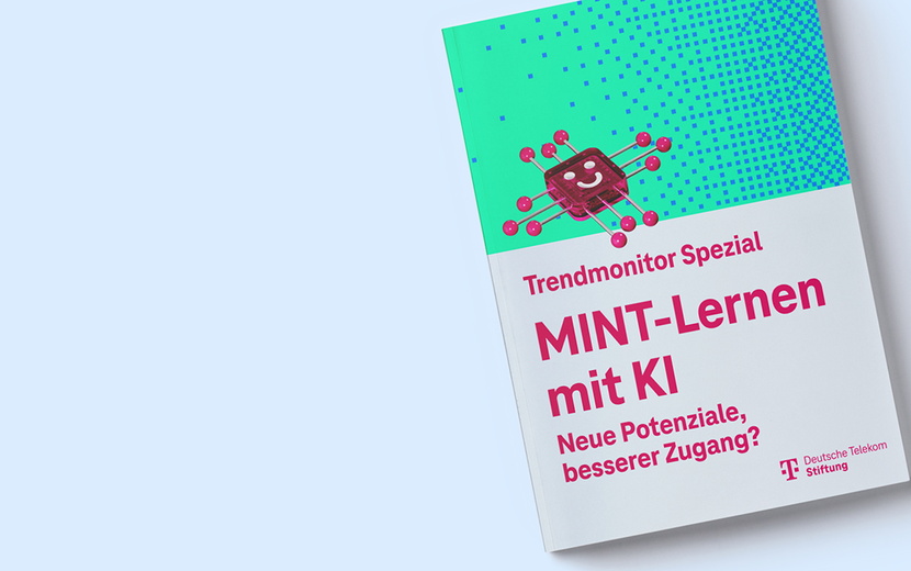 Auf dem Bild ist das Cover der Publikation "Trendmonitor Spezial: MINT-Lernen mit KI" zu sehen.