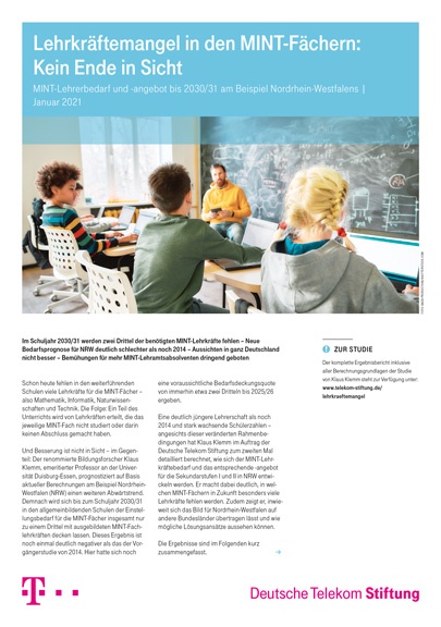 Cover Zusammenfassung MINT-Lehrkräftebedarf Prognose 2030